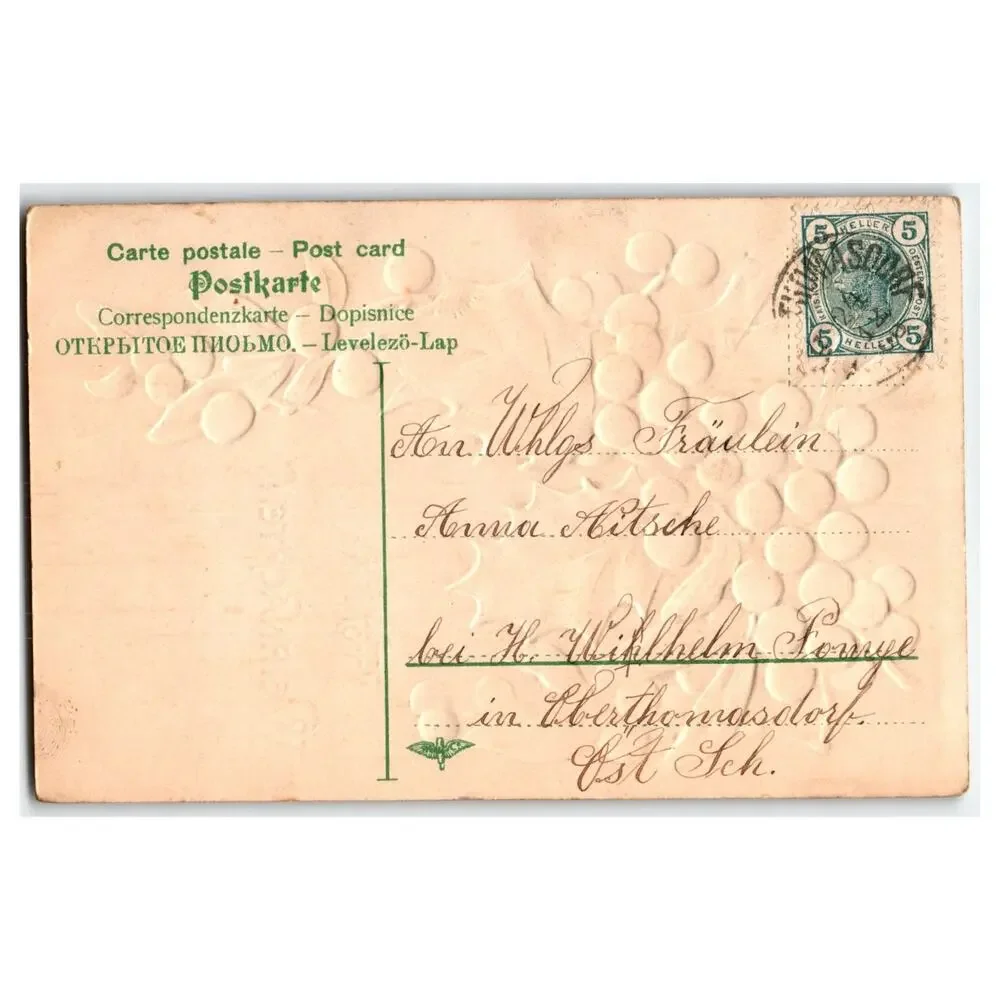Vintage German Christmas Postcard Embossed Holly Mistletoe Berries 1910 Posted